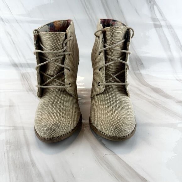 Call it Spring Oatmeal Tan Fabric 4" Chunky Heel Booties Lace up Women's Sz 10 - Picture 5 of 11